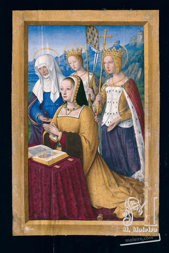 Great Hours of Anne of Brittany Anne of Brittany at prayer presented by three female saints, f. 3r