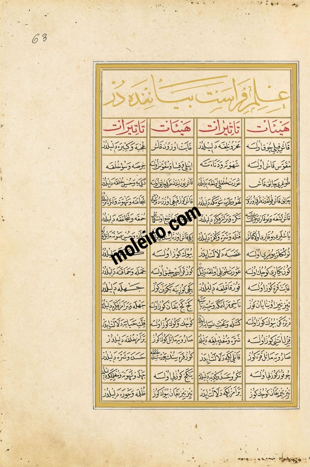 f. 63r, Tabella degli elementi della scienza della fisionomia. Libro della Felicitá (Matali’ al-sa’adet)
Manoscritto turco ottomano del 1582, Suppl. turc 242 - Bibliothèque Nationale de France, Parigi