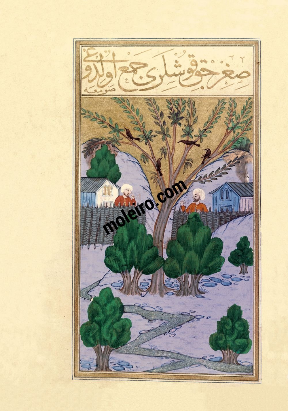 f. 79r, Luogo di preghiera dove si concentrano gli storni. Libro della Felicitá (Matali’ al-sa’adet)
Manoscritto turco ottomano del 1582, Suppl. turc 242 - Bibliothèque Nationale de France, Parigi