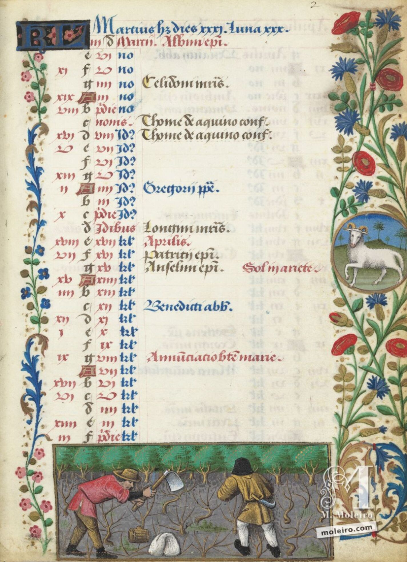 Calendario: marzo, la poda de la vid (f. 2r)