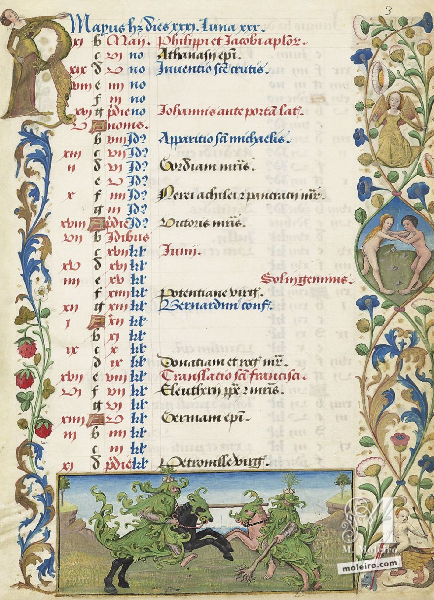 Calendario: mayo, Justa de dos caballeros/hombres salvajes (f. 3r)