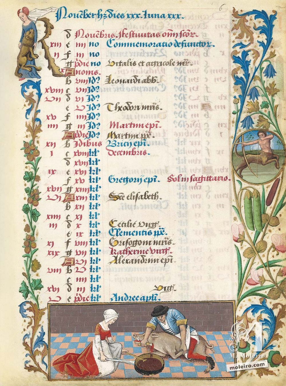 Stundenbuch von Karl von Angoulême Kalender: November, Schweinschlachtung (f. 6r)