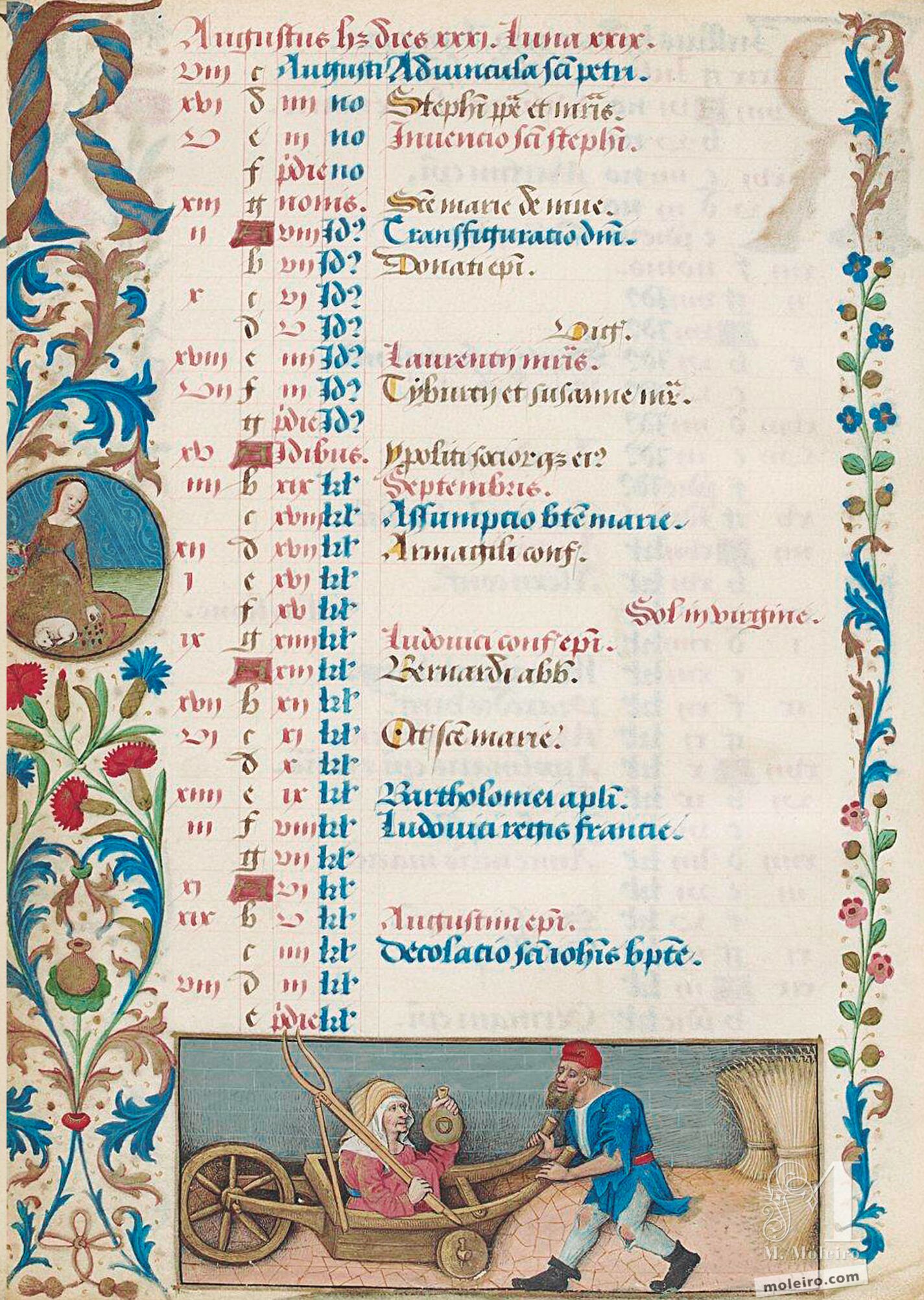 Calendario: agosto, Campesino llevando a una anciana en una carretilla (f. 4v)