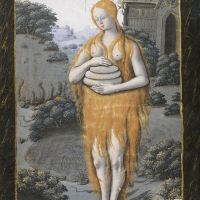 Sainte Marie Égyptienne, portant trois pains dans ses bras et n'ayant pour tout vêtement qu'une longue et épaisse chevelure, f. 88v