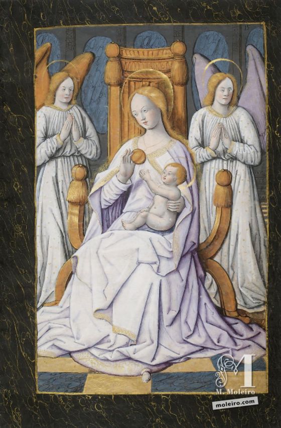 Livro de Horas de Henrique IV de França São José, levado pelos anjos diante da Virgem Maria com o menino Jesus em seu regaço, f. 15r