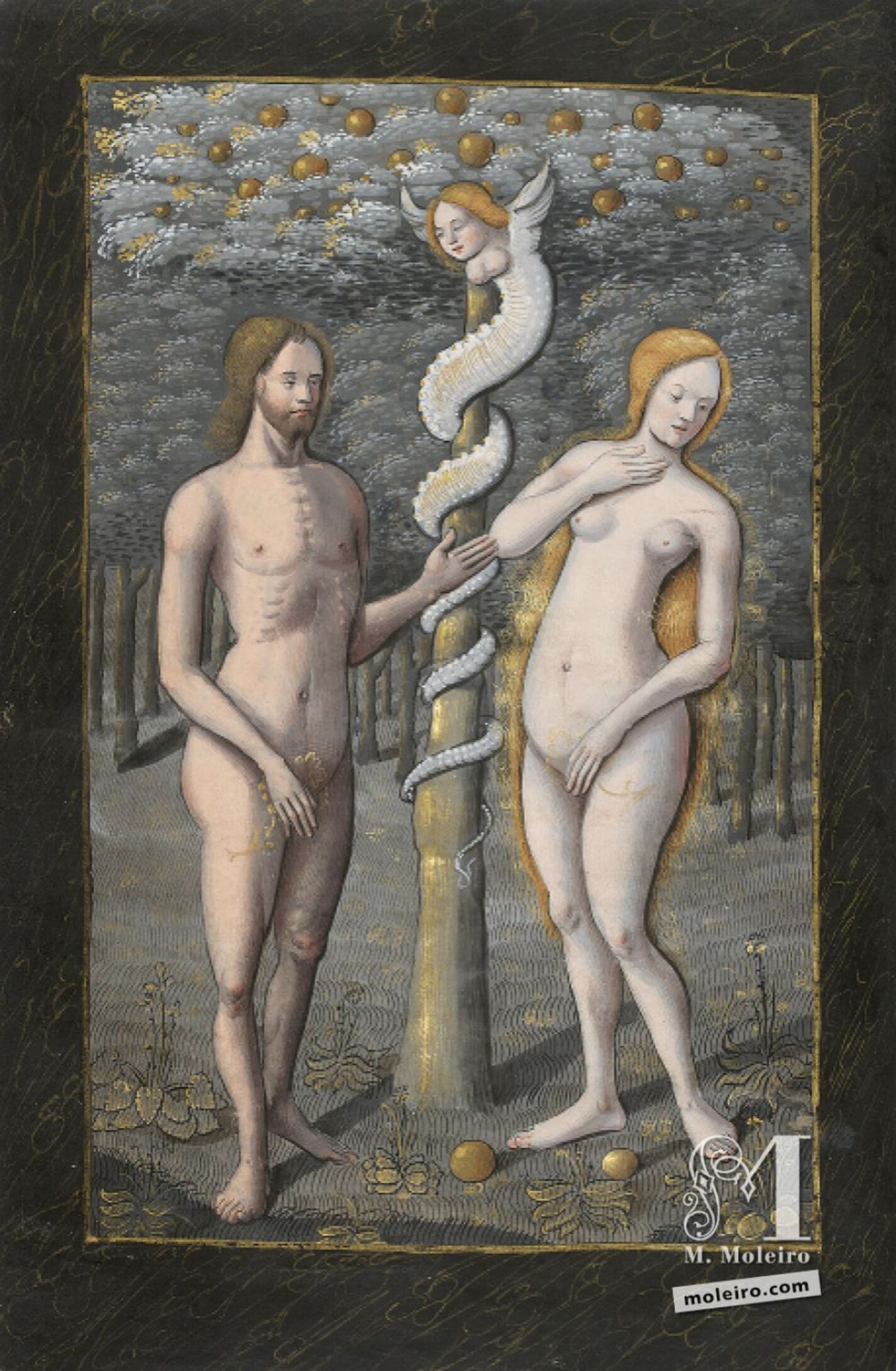 Adán y Eva, tentados por la serpiente, f. 20v