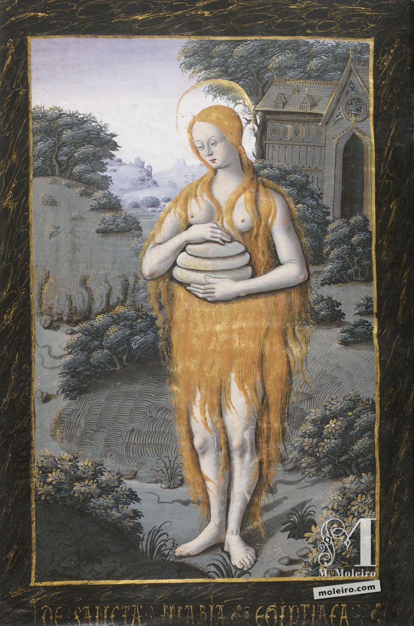Santa María de Egipto llevando tres tortas y sin otra ropa que su pelo largo y frondoso, f. 88v