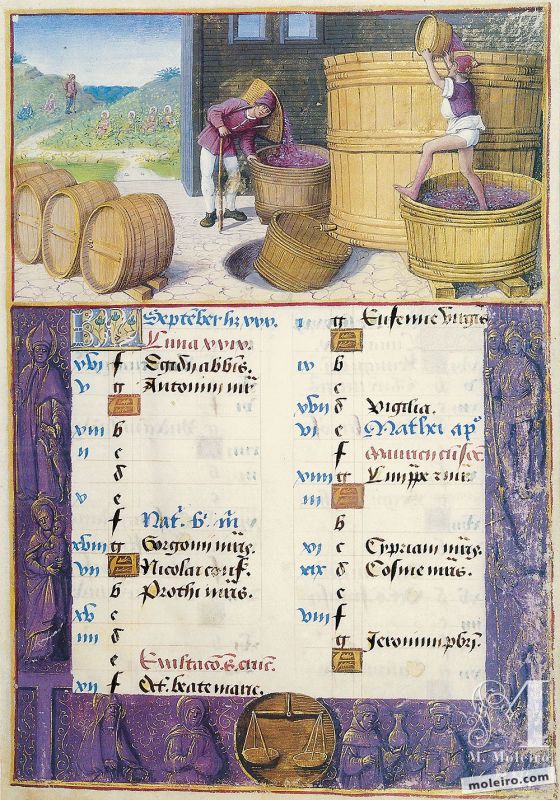 The Hours of Henry VIII September: Treading Grapes, f. 5r
