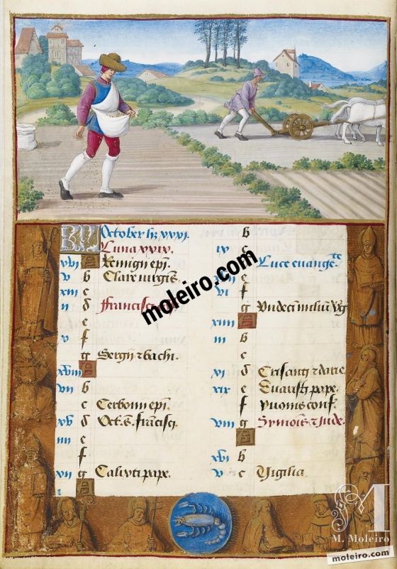 Stundenbuch von Heinrich VIII. October. Sowing and Ploughing, f. 5v