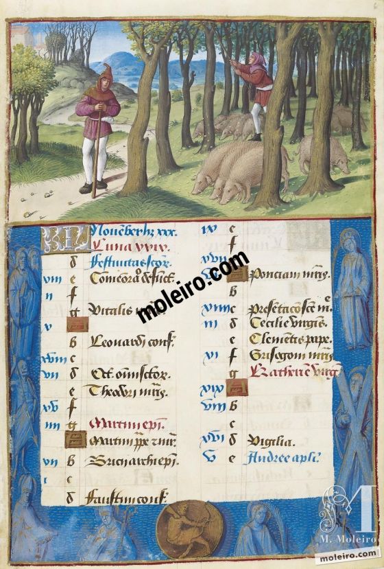 Stundenbuch von Heinrich VIII. November. Thrashing for Acorns, f. 6r