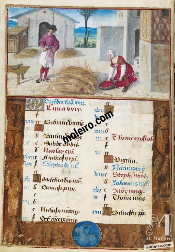 Stundenbuch von Heinrich VIII. December. Roasting Slaughtered Pigs, f. 6v