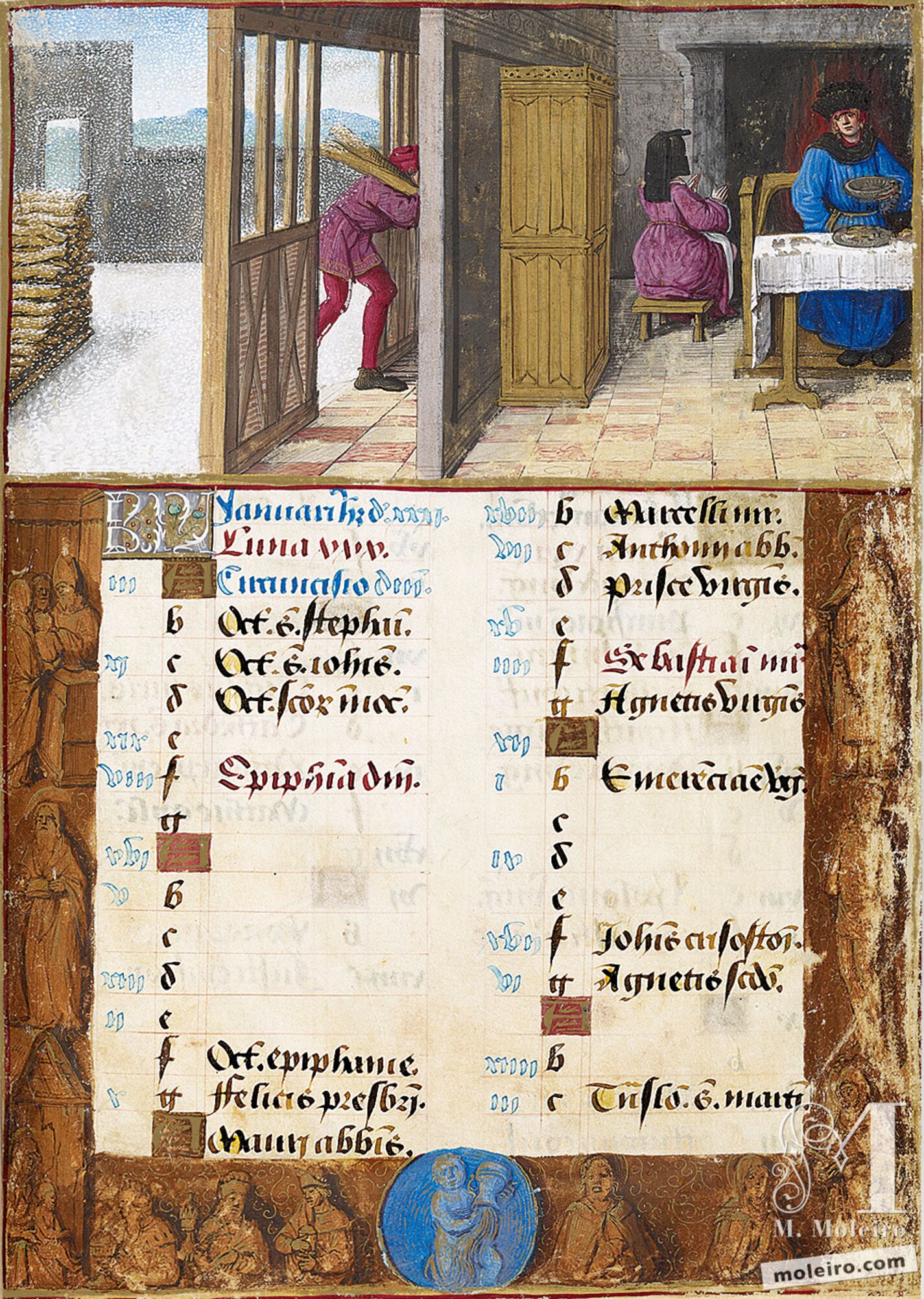 Enero. El buen yantar y el calor del hogar, f. 1r