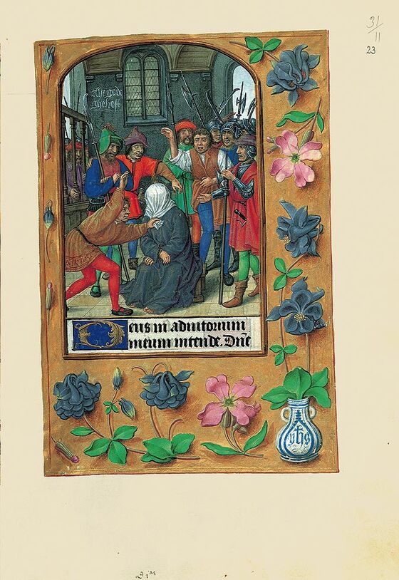 Carpeta con 6 láminas del Libro de Horas de Juana I de Castilla (Juana la Loca) Ultrajes a Cristo, f. 23r
