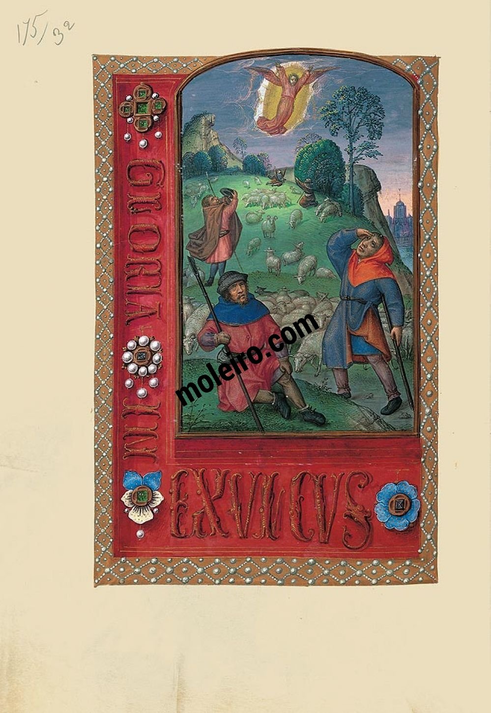 Carpeta con 6 láminas del Libro de Horas de Juana I de Castilla (Juana la Loca) El anuncio a los pastores, f. 95v