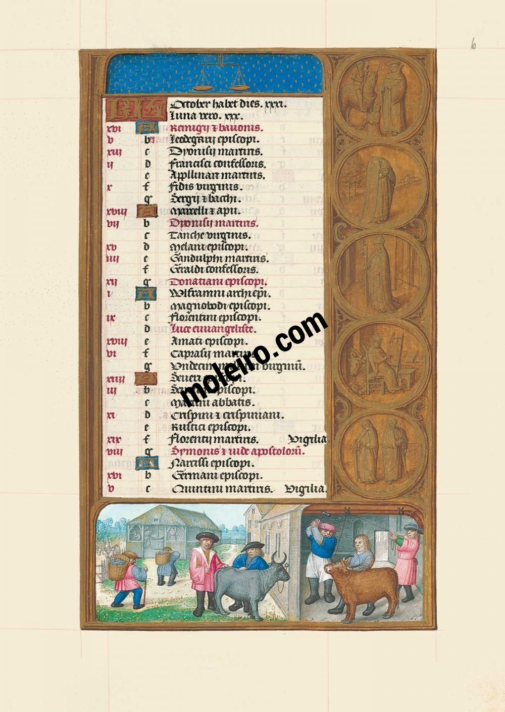 The Hours of Joanna I of Castile, Joanna the Mad (The London Rothschild Prayerbook) f. 6r, Calendar, October