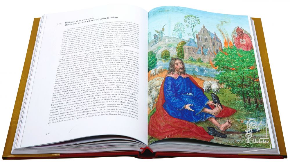 Libro de Horas de Juana I de Castilla f. 57r, Prefiguras de la anunciación: Moisés ante la zarza ardiente y el vellón de Gedeón