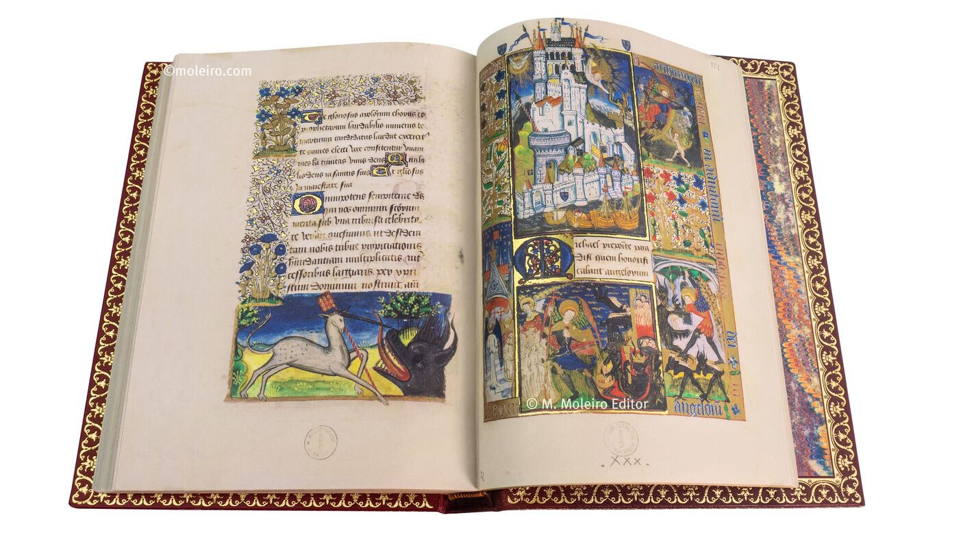 Libro de Horas de Jean de Montauban Lucha del unicornio contra el monstruo,120v, y Arcngel san Miguel, 121r