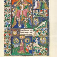 El trono de gracia y la transfiguracin. Las cuatro virtudes cardinales; la creacin de Adn y Eva, f. 16r