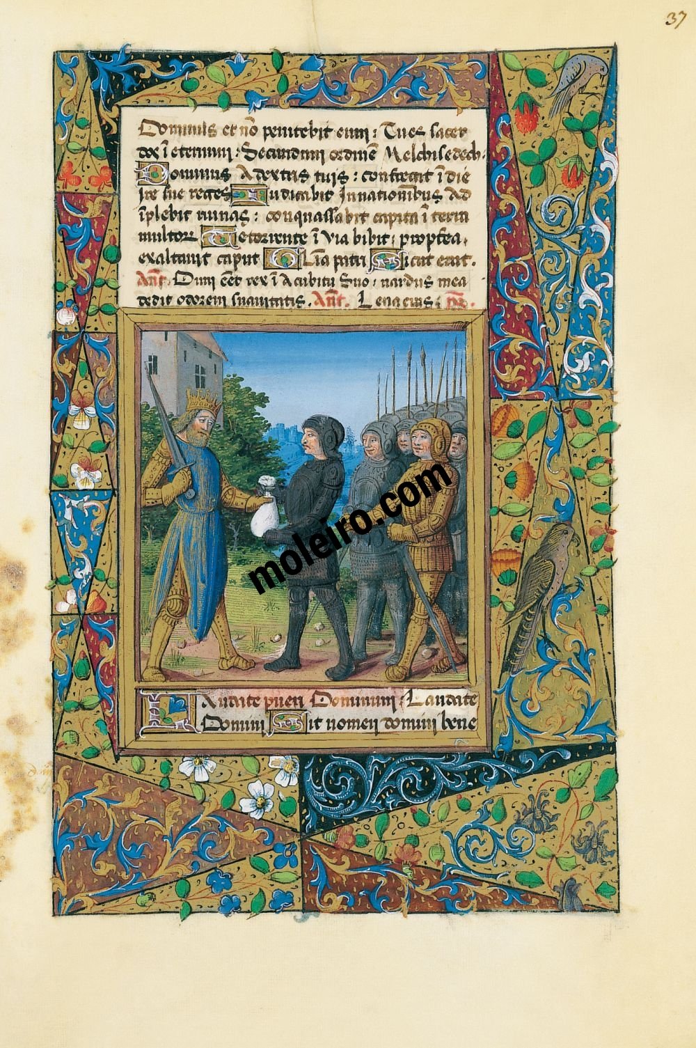 Stundenbuch des Ludwig von Orleans f. 37r, Eglon erhlt den Tribut von Ehud oder Ezequias zahlt Tribut an Sennacherim