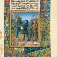 f. 37r, Eglon receives Ehud's tribute or Ezechias pays tribute to Sennacherib