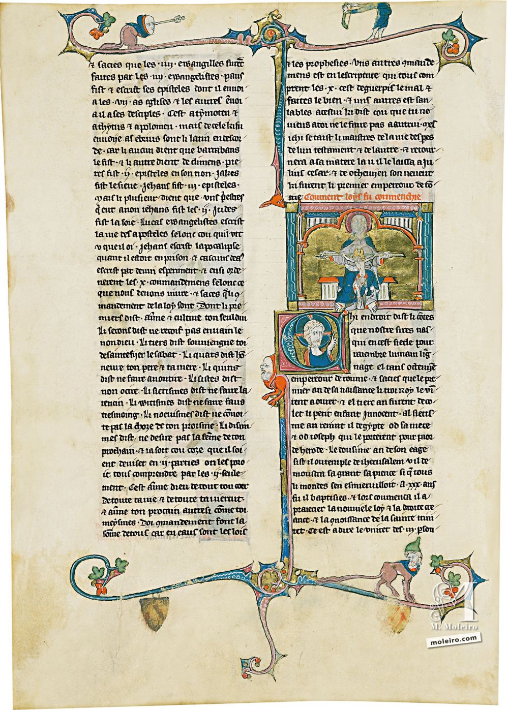 Das Buch der Schätze f. 22v, Die Heilige Dreifaltigkeit und die historisierte Initiale mit dem segnenden Christus