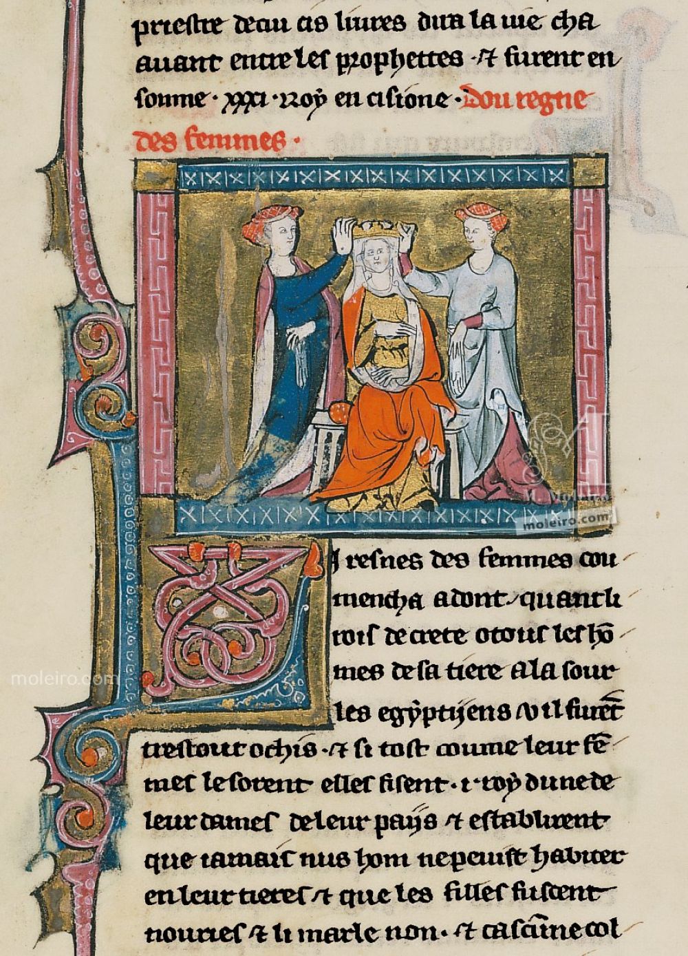 Book of Treasures f. 13, Penthesilea, queen of the Amazons, with her ladies-in-waiting