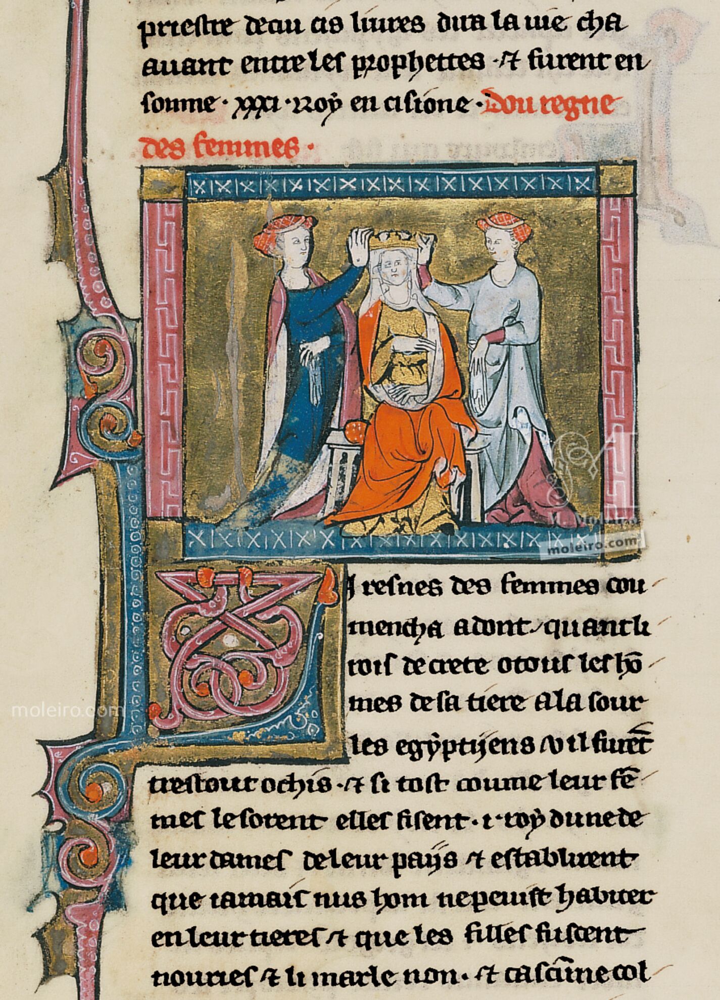 f. 13v, Pentesila, reina de las amazonas, con sus damas de compañía