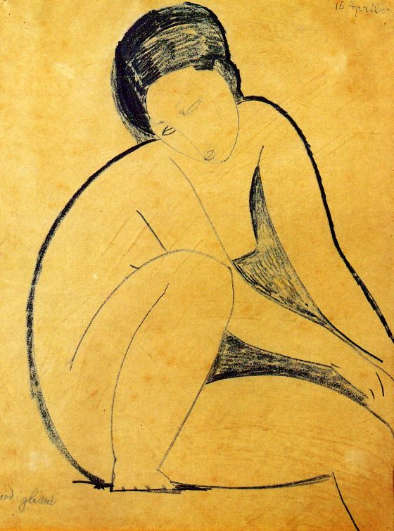 Mujeres. Mitologías Amedeo Modigliani, Sitzender Akt in blauer Farbe gemalt, 20. Jahrhundert.