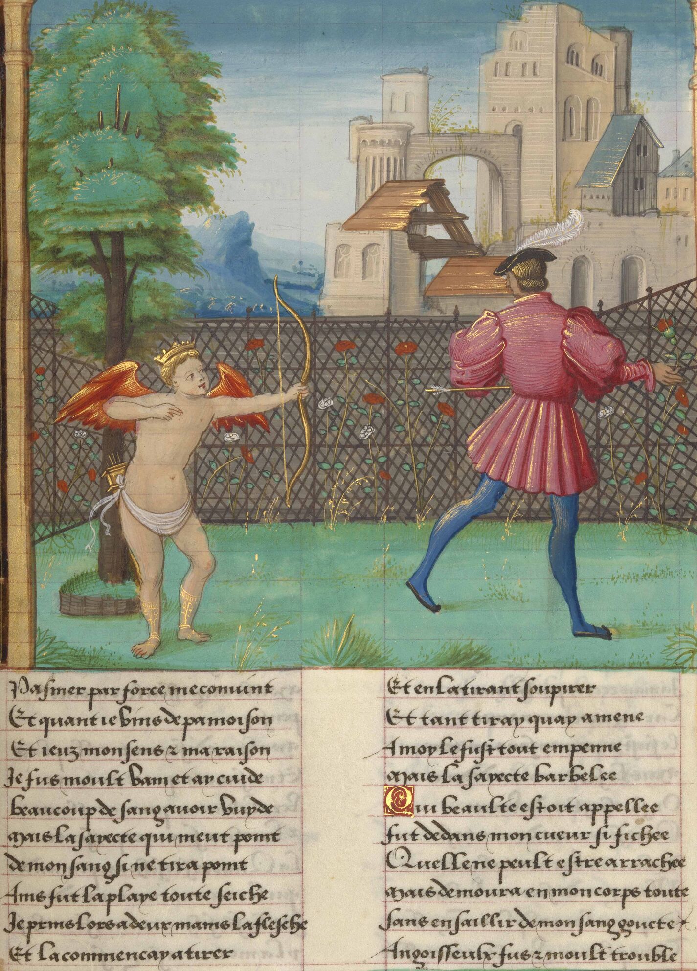 The Roman de la Rose of Franois I God of Love shoots Lover with his arrows, f. 21r