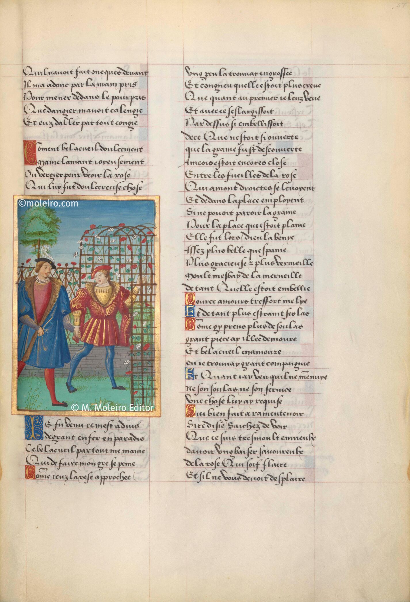 Le Roman de la Rose de Franois I Bel-Accueil conduit l'Amant jusqu'au rosier, f. 37r