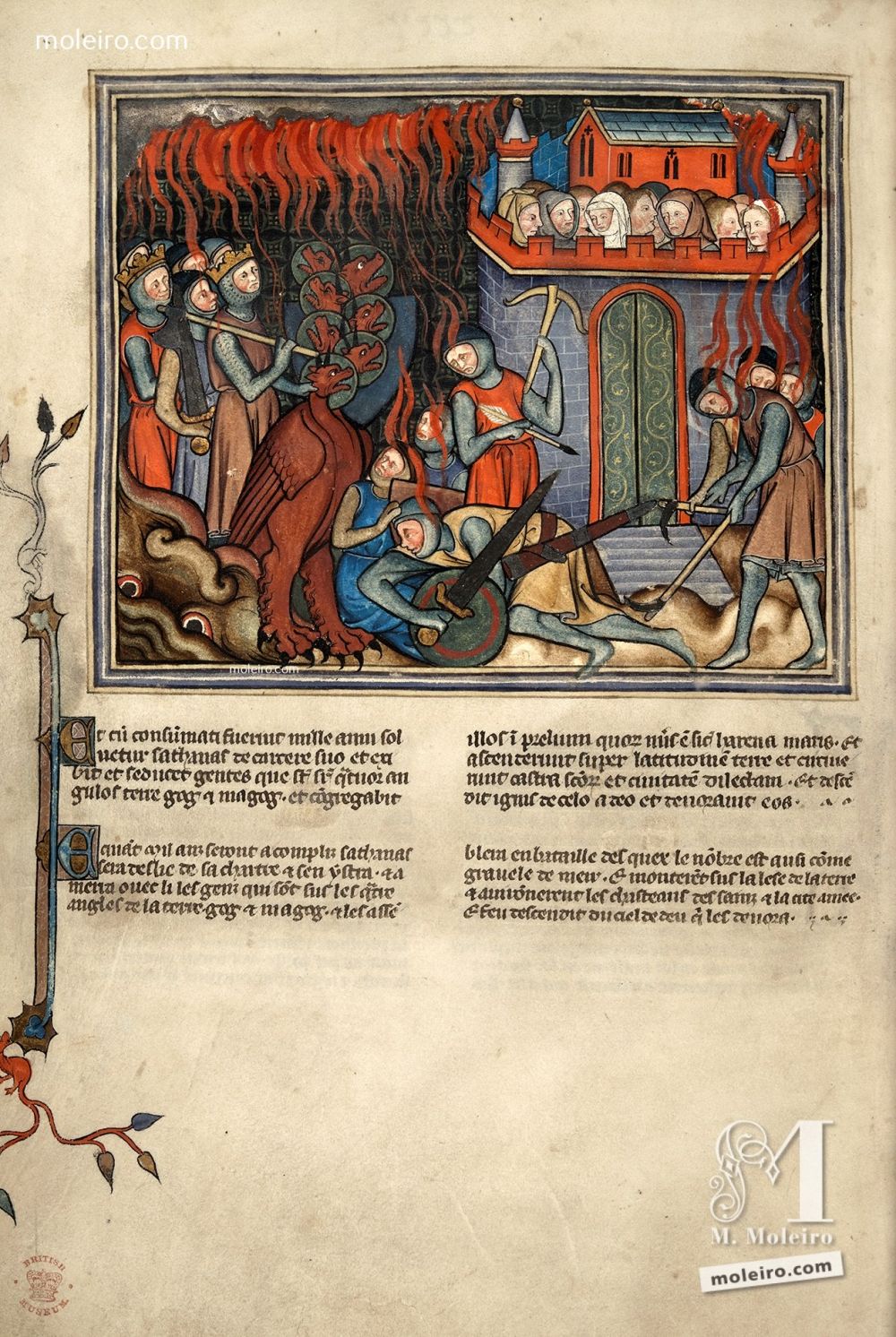 Miniatura folio 42v: Il secondo combattimento escatologico (Ap. 20, 7-9). Apocalisse di Val-Dieu (The British Library, Londra: Add. Ms. 17333). 1320-1330, Nord-est della Francia Normandia. Manoscritto miniato dal Medioevo, secolo XIV.
