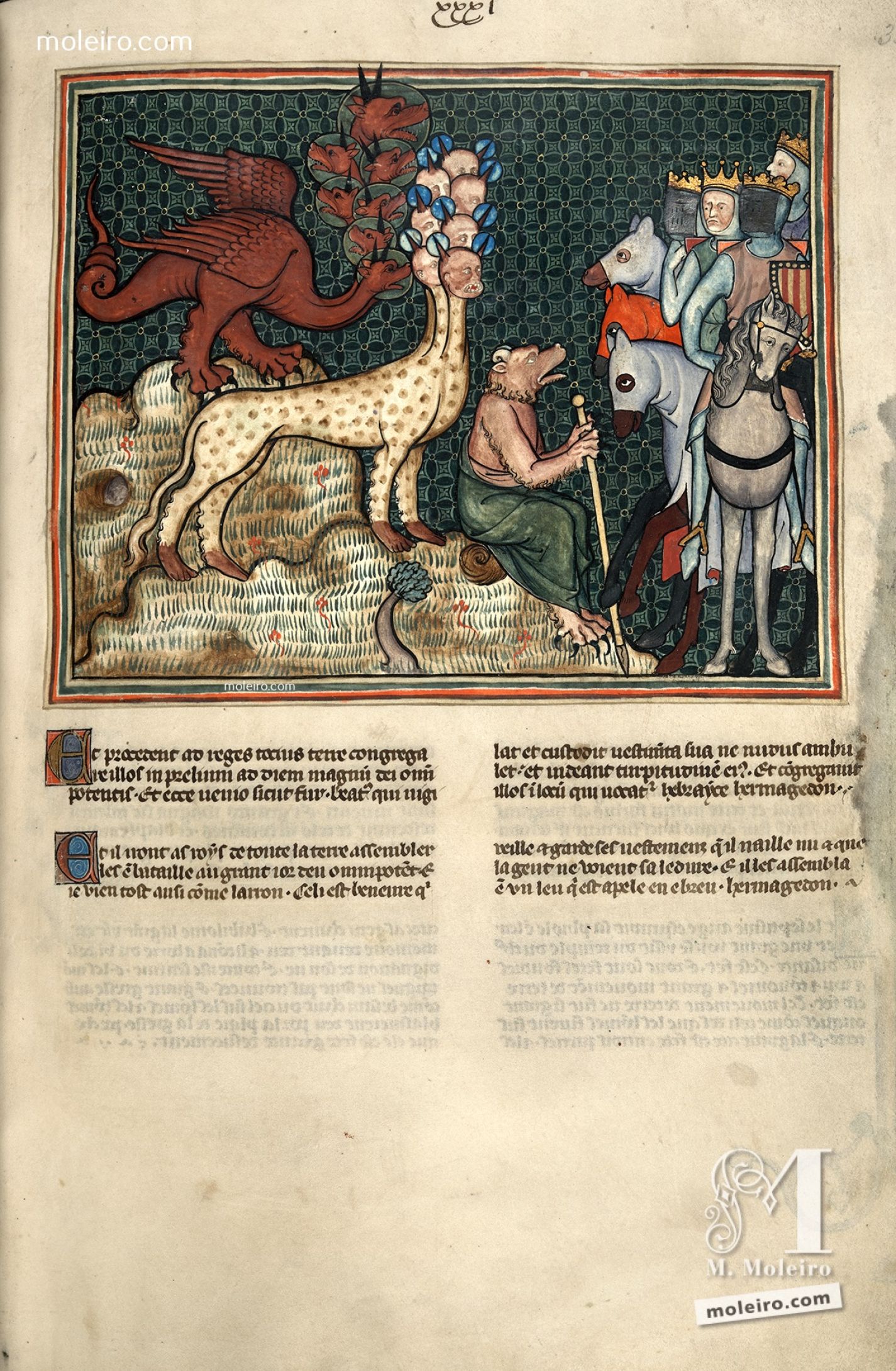 f. 33r · El Dragón, la Bestia y el Falso Profeta juntan a los reyes de la tierra en Armagedón para dar la batalla contra Dios