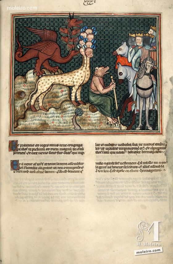 Apocalipsis iluminado Siglo XIV
f. 33r · El Dragón, la Bestia y el Falso Profeta juntan a los reyes de la tierra en Armagedón para dar la batalla contra Dios 