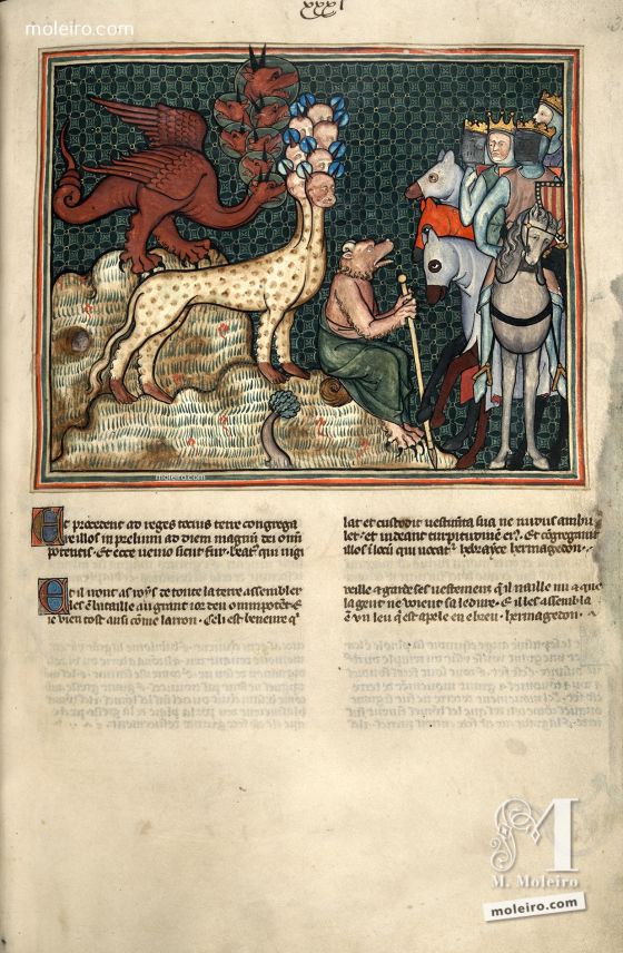 f. 33r  The Dragon, the Beast from the Sea and the False Prophet gather together the Kings of the Earth at Armageddon to battle against God