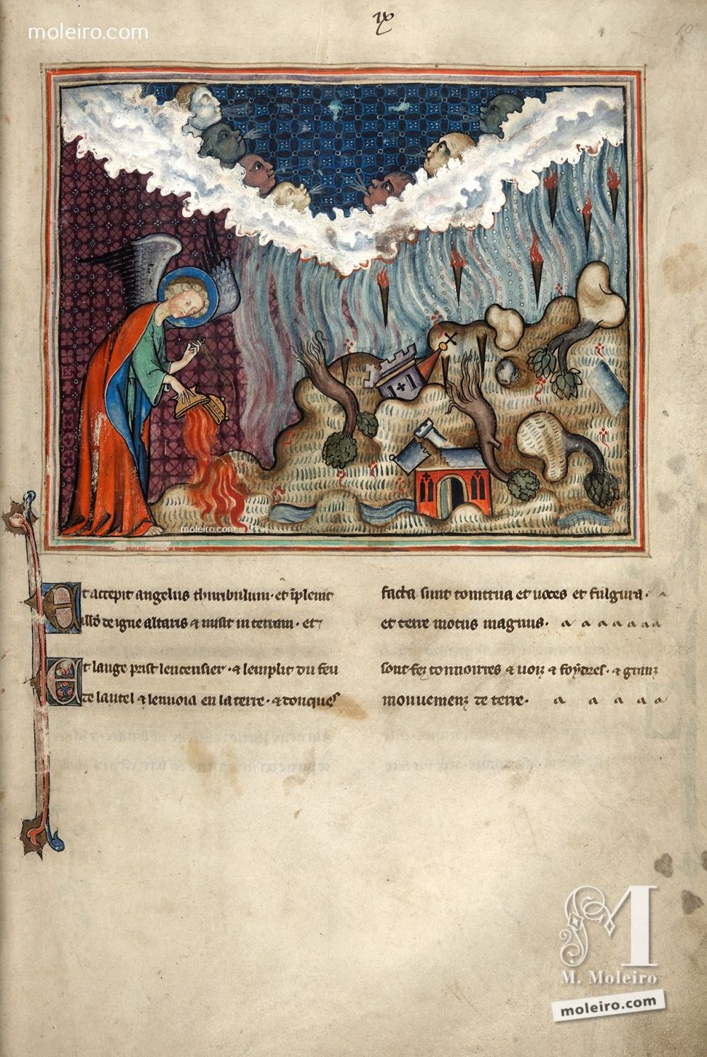 f. 10r  The Angel empties the Censer on the Earth: Thunder, Lightning and the Great Earthquake (Apoc. 8: 5)
