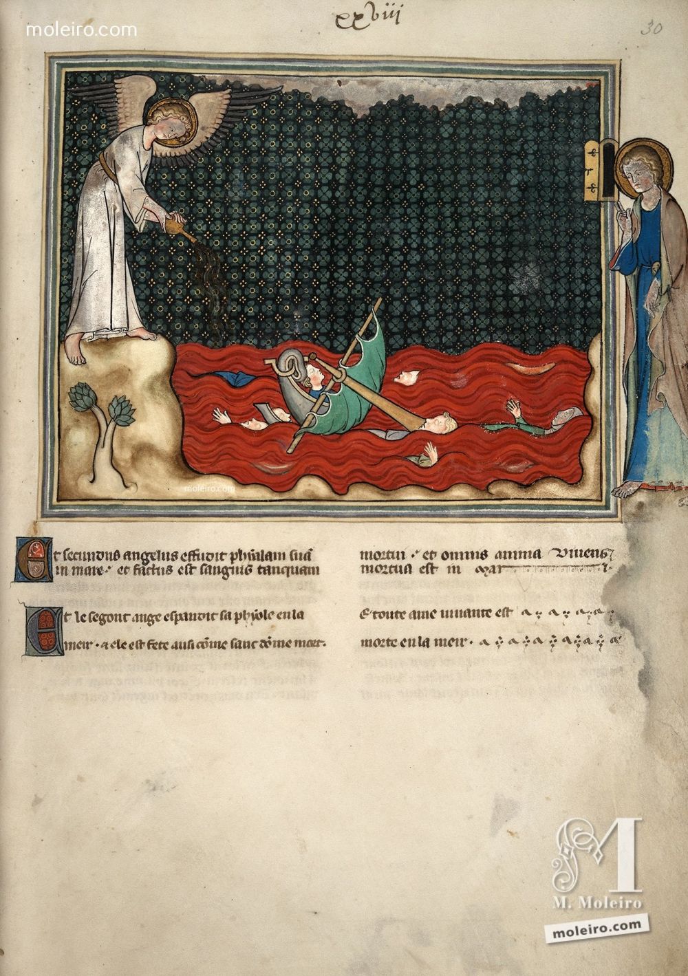 Apocalypse. 14ème siècle. f. 30r  La seconde coupe versée sur la mer (Ap. 16, 3) L?Apocalypse de Val-Dieu - Add. Ms. 17333 