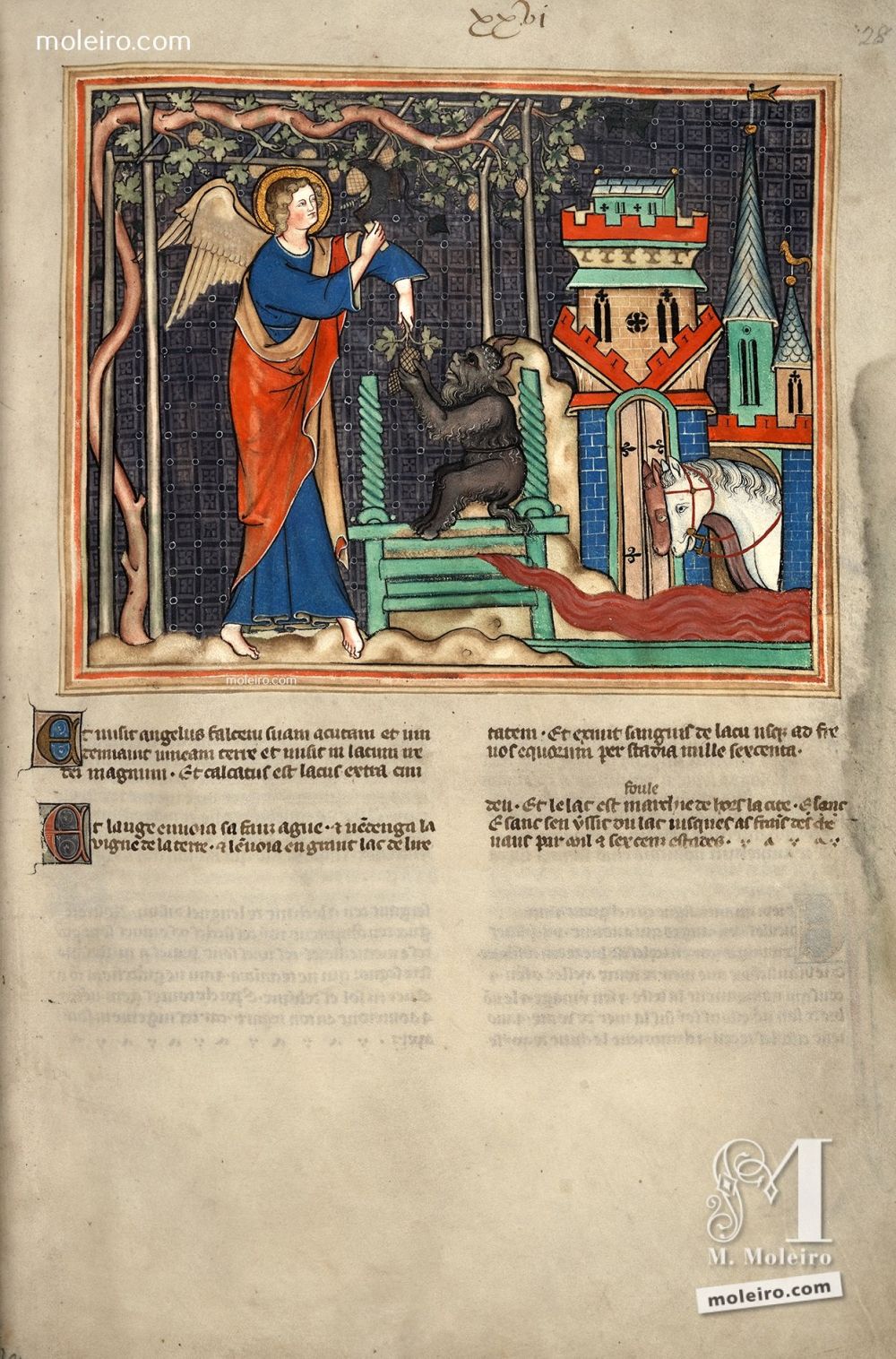 f. 28r  The Angel gathers the Grapes and the Blood from the Winepress of God’s Wrath (Apoc. 14: 19-20) Val-Dieu Apocalypse 
