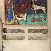 f. 21v · Der Drache übergibt dem Tier seine Macht (Offb 13,1-7)  