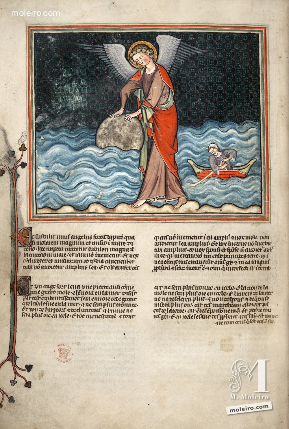 f. 37v  The Angel casts the Millstone into the Sea (Apoc. 18: 21-24) Val-Dieu Apocalypse, fourteenth century
