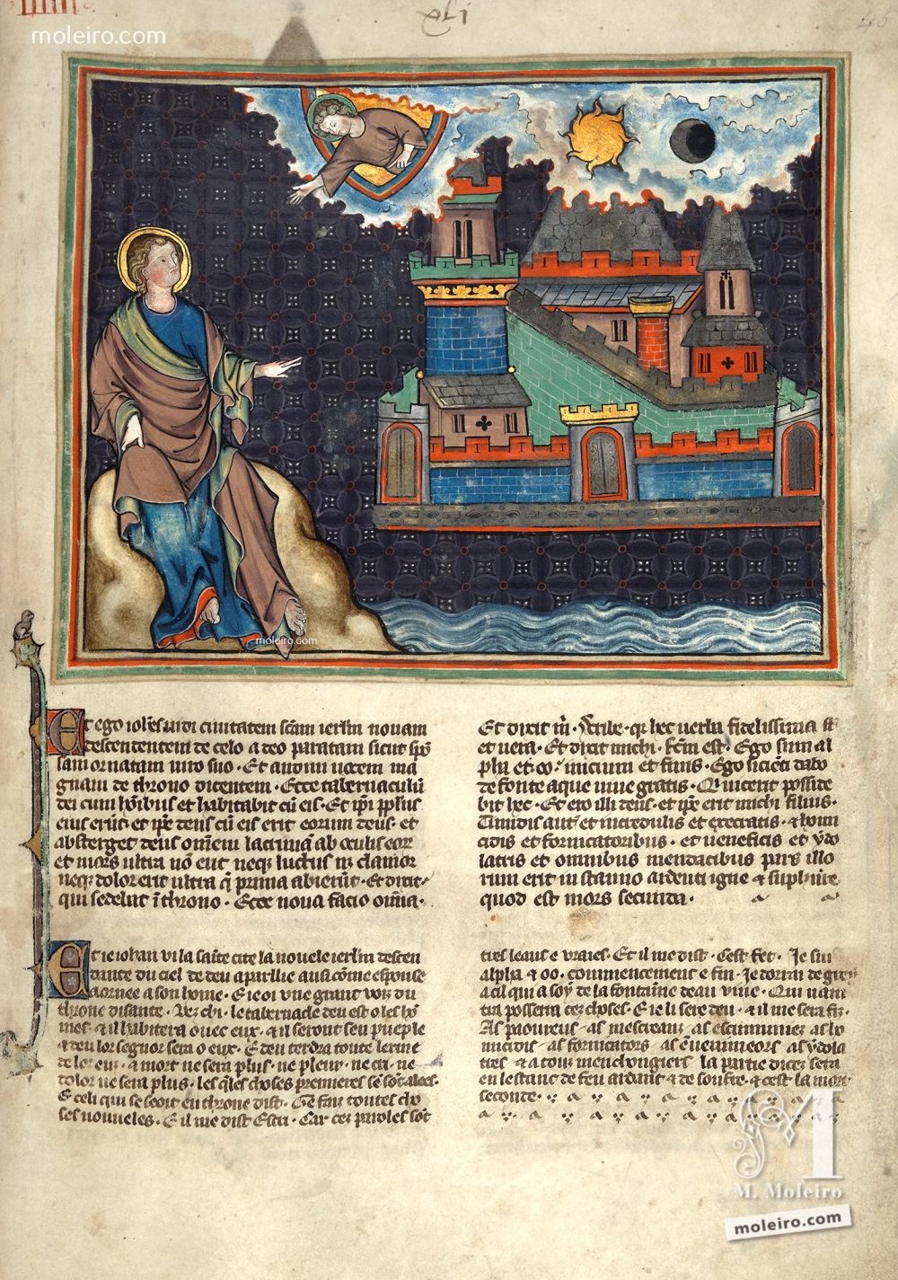 Miniatura folio ’45r, La Gerusalemme celestiale (Ap. 21, 1-3). Apocalisse di Val-Dieu (The British Library, Londra: Add. Ms. 17333). 1320-1330, Nord-est della Francia Normandia. Manoscritto miniato dal Medioevo, secolo XIV.

