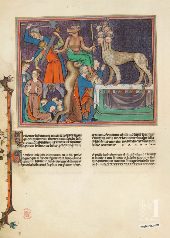 Val-Dieu Apocalypse f. 23v · The Beast from the Land (the False Prophet) orders the killing of those who refuse to worship the Statue of the Beast from the Sea