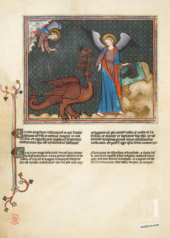L'Apocalypse de Val-Dieu f. 41v · Le Dragon est enchaîné et jeté dans l’abîme