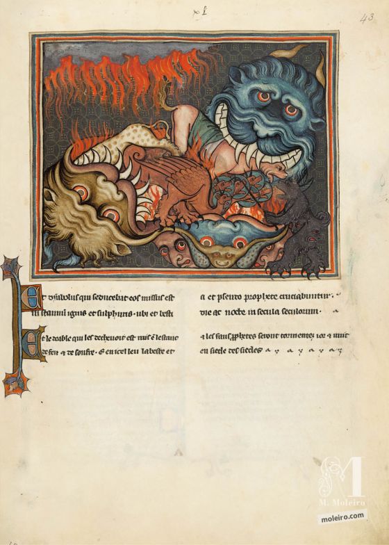 Val-Dieu Apocalypse f. 43r · The Dragon, the Beast from the Sea and the False Prophet are cast into Hell