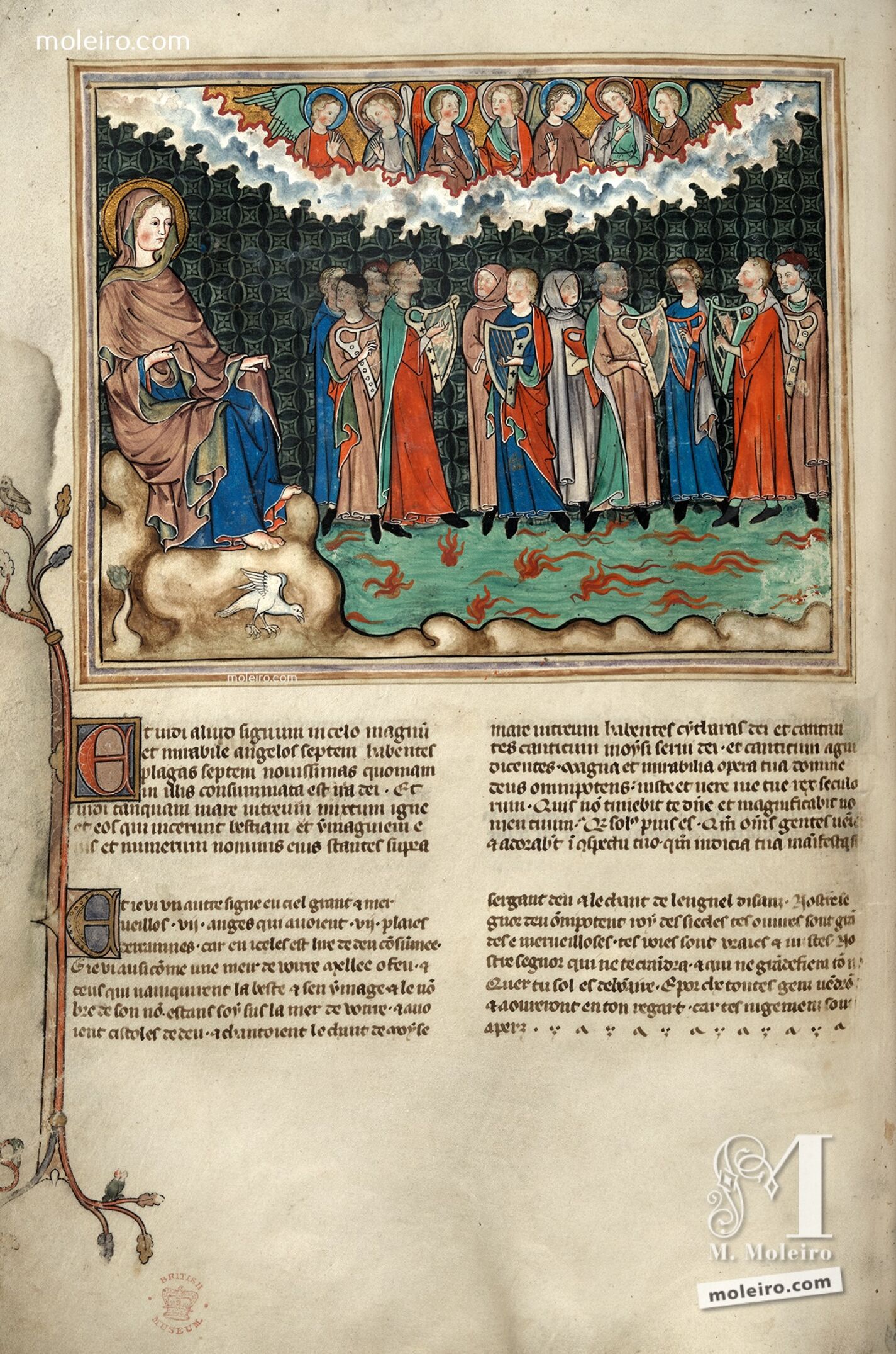 f. 28v · Los siete ángeles de las plagas postreras; los arpistas en el mar de vidrio