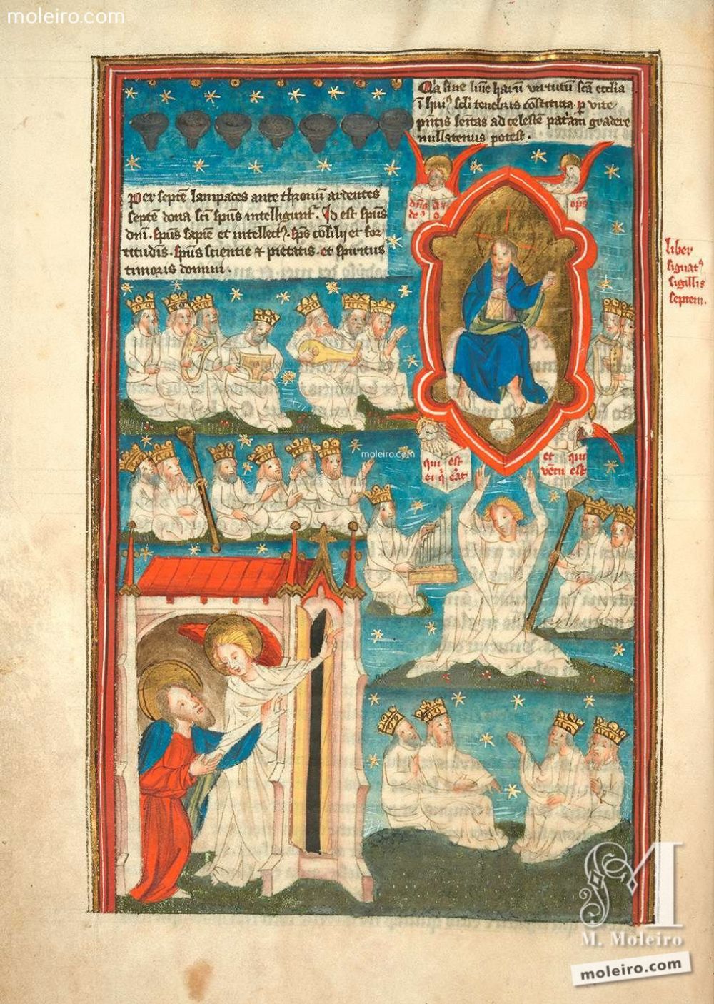 f. 5v La adoración alrededor del trono (Ap. 4, 2-5) ’De pronto caí en éxtasis y vi un trono colocado en el cielo y alguien sentado en el trono [...]. Vi a veinticuatro ancianos sentados, vestidos de vestiduras blancas, con coronas de oro sobre sus cabezas [...] delante del trono arden siete lámparas de fuego, las cuales ... Apocalipsis y vida de San Juan en imágenes. Siglo XV