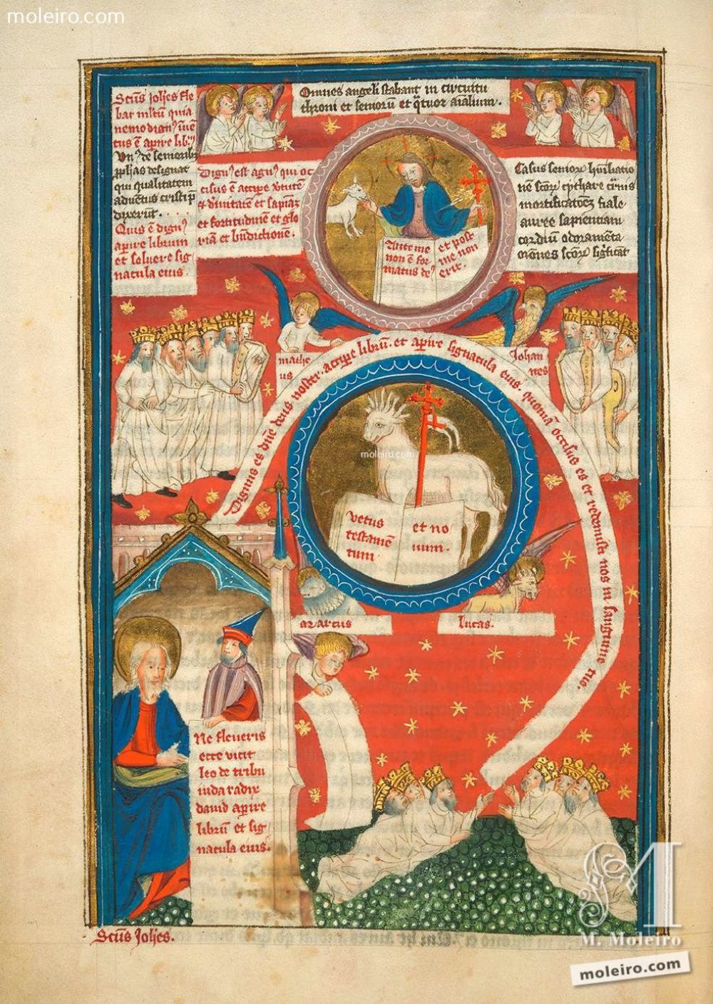 f. 6v Dios entrega al Cordero los destinos del mundo (Ap. 5, 6-14) ’Entonces vi, de pie, en medio del trono y de los cuatro Vivientes y de los Ancianos, un Cordero [...]. Y se acercó y tomó el libro [...]. Cuando lo tomó, los cuatro Vivientes y los veinticuatro Ancianos se postraron delante del Cordero. Tenía cada uno una ... Apocalipsis y vida de San Juan en imágenes. Siglo XV