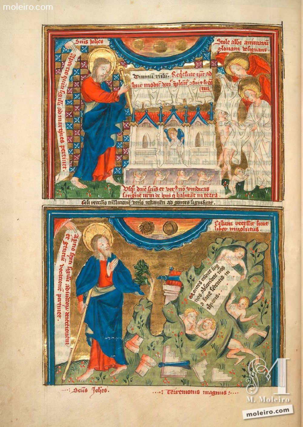 Miniature f. 9v · The opening of the seven seals (Ap. 6, 9-11 and Ap. 6, 12-17). Picture-book of the Life of St John and the Apocalypse,	Add. Ms. 38121.The British Library, London. Illuminated manuscript from the XVth century.