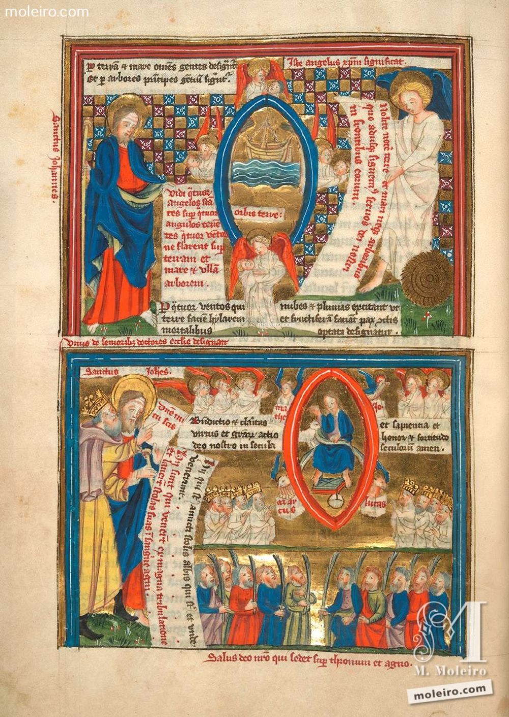 f. 10v Los servidores de Dios serán preservados (Ap. 7, 1-4 y Ap. 7, 9-12) ’Después de esto, vi a cuatro ángeles de pie en los cuatro extremos de la tierra, que sujetaban a los cuatro vientos para que no soplara viento alguno sobre la tierra, ni sobre el mar ni sobre los árboles’ ’Después miré y había una ... Apocalipsis y vida de San Juan en imágenes. Siglo XV