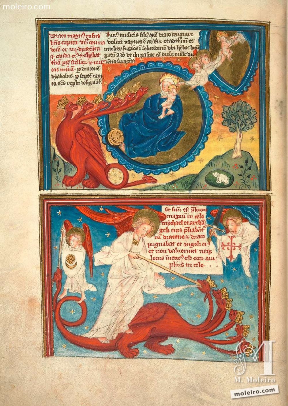 f. 20v Visión de la Mujer y el Dragón (Ap. 12, 1-6 y Ap. 12, 7-8) ’Un gran signo apareció en el cielo: una Mujer, vestida del sol, con la luna bajo sus pies [...]. El Dragón se detuvo delante de la Mujer que iba a dar a luz, para devorar a su Hijo en cuanto lo diera a luz’ ’Entonces se entabló una batalla en el cielo: Miguel y ... Apocalipsis y vida de San Juan en imágenes. Siglo XV