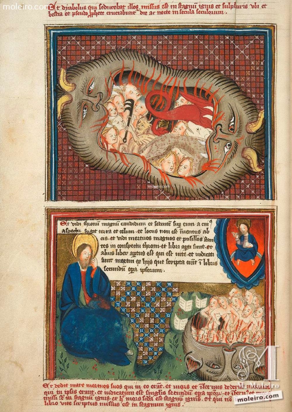 f. 42v El segundo combate escatológico y el Juicio de las naciones (Ap. 20, 7-10 y Ap. 20, 11-15) ’Pero bajó fuego del cielo y los devoró. Y el Diablo, su seductor, fue arrojado al lago de fuego y azufre, donde están también la Bestia y el falso profeta, y serán atormentados día y noche por los siglos de los ... Apocalipsis y vida de San Juan en imágenes. Siglo XV